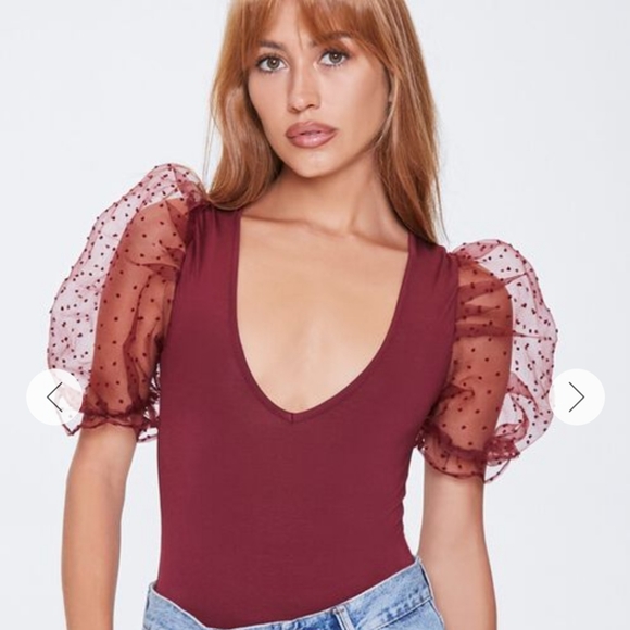 NWT A Love Story Burgundy Mesh Puff Sleeve Bodysuit Blouse XL - Picture 1 of 12